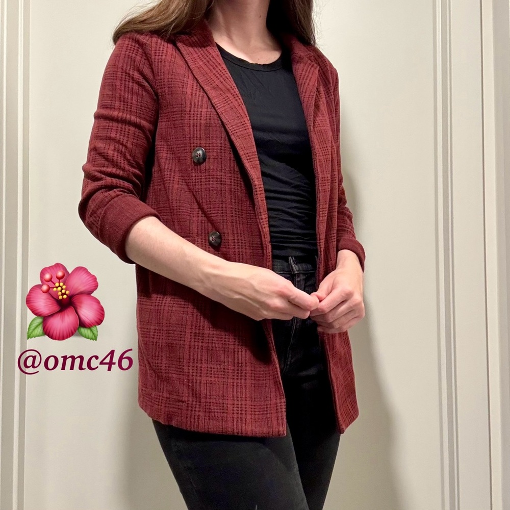 Topshop Burgundy/maroon and Black Plaid Knit Sweater Blazer Size US 2/UK 6
